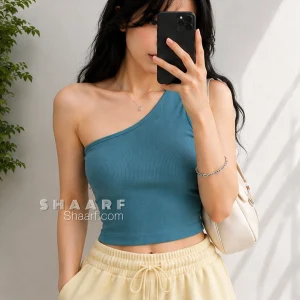 تاپ یقه رومی زنانه پنبه کبریتی تک سرشانه