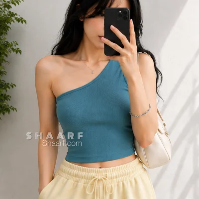 تاپ یقه رومی زنانه پنبه کبریتی تک سرشانه