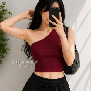 تاپ یقه رومی زنانه پنبه کبریتی تک سرشانه
