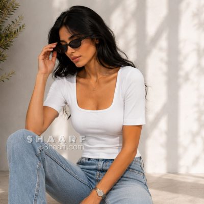 تنخور کراپ تاپ زنانه یقه خشتی آستین کوتاه کشباف کبریتی سفید